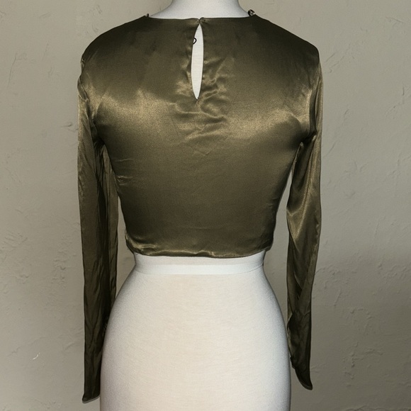 ZARA satin olive green tied long sleeve crop top in women’s small - Picture 4 of 12